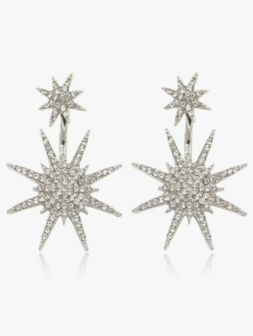 Silver Starburst Earrings Double Layer Star Burst Rhinestone Pave Crystal Stars